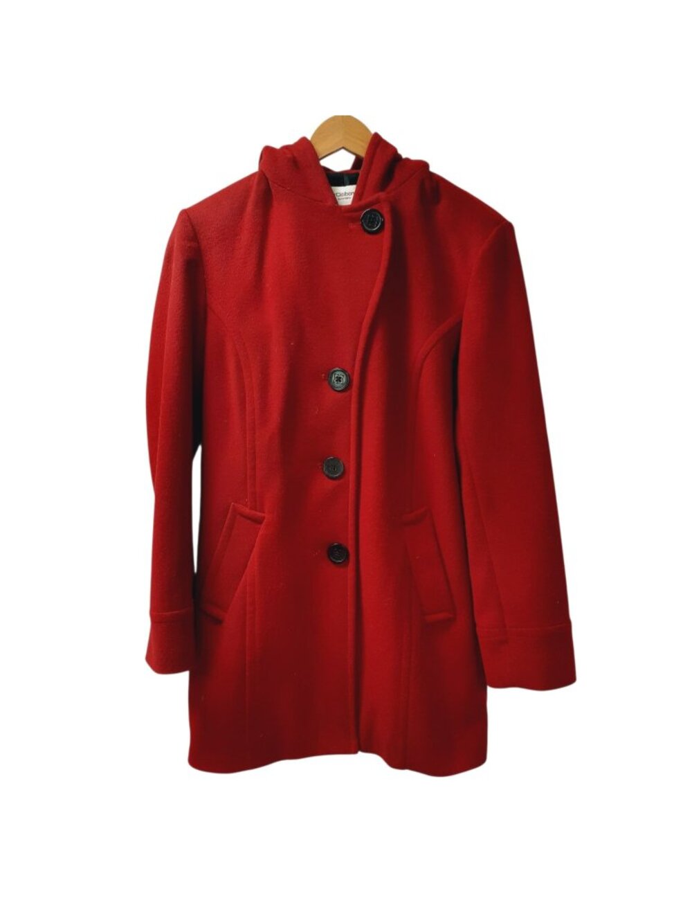 Liz Claiborne Womens Winter Coat Red Medium Hooded Dark Button Long Sleeve